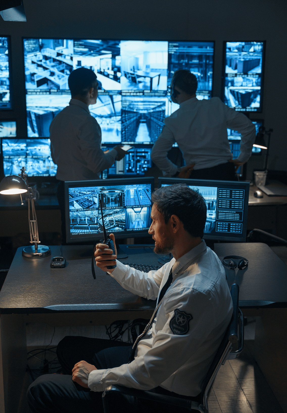 Security team monitoring surveillance screens